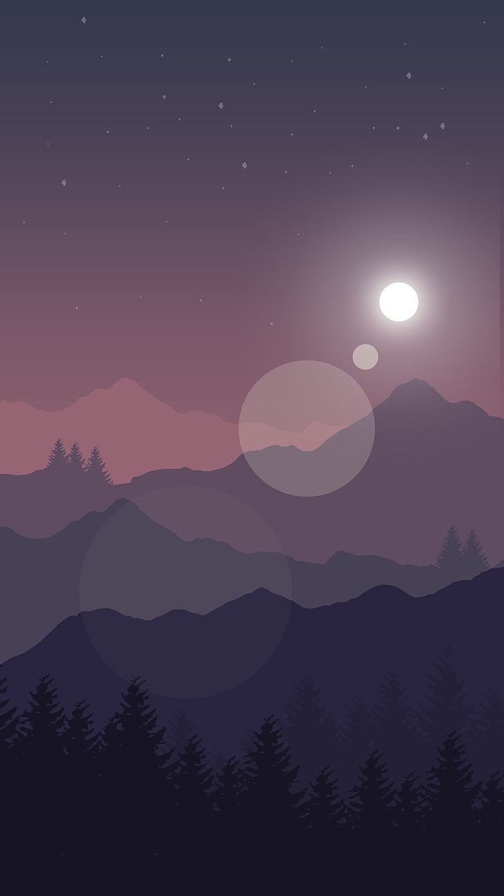 صورة ظلية للجبل في تصوير خوخه ، فن رقمي ، طبيعة ، جبال ، عرض صورة ، أشجار ، غابة ، قمر ، نجوم ، ضوء القمر ، ليل ، بساطتها ، دائرة، خلفية HD، خلفية الهاتف