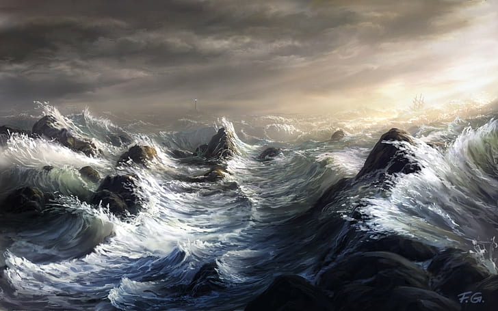Storm Lighthouse Ocean Waves Drawing HD, digital/artwork, ocean, drawing, lighthouse, storm, waves, HD wallpaper