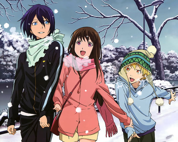 Noragami Yato Yukine, Iki Hiyori, 3 ilustração de personagem de anime, arte, anime, noragami, yato, yukine, garota, rapazes, neve, inverno, frio, cachecol, HD papel de parede