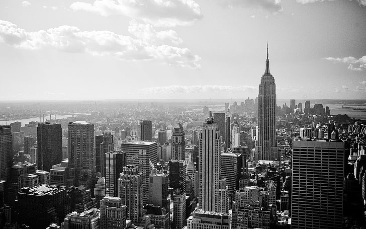 Empire State, New York, อาคาร, ทิวทัศน์, เมือง, นิวยอร์กซิตี้, ตึกเอ็มไพร์สเตท, ขาวดำ, ตึกระฟ้า, วอลล์เปเปอร์ HD