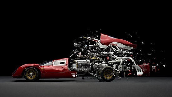 абстрактный, автомобиль, композитный, в разобранном виде схема, Ferrari, механика, запчасти, спорткар, HD обои HD wallpaper