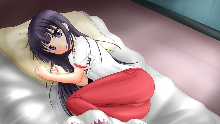 Girl lying on bed anime illustration, girl, brunette, pillow, bed, smiling,  HD wallpaper | Wallpaperbetter
