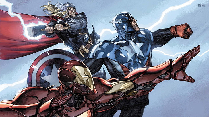Иллюстрация Мстителей, Тор, Капитан Америка, Железный Человек, супергерой, комиксы Marvel, HD обои