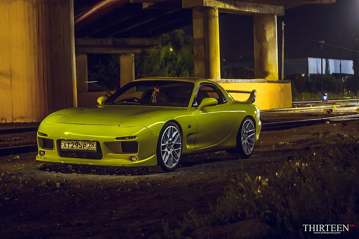 Mazda, RX7, yellow, yellow sports coupe, front, car, yellow, coupe, auto, cars, photography, photographer, RX7, Thirteen, Mazda, RX-7, HD wallpaper