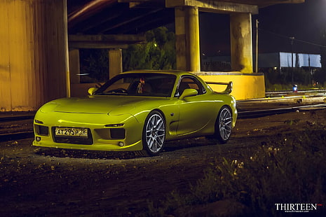 Mazda, RX7, yellow, yellow sports coupe, front, car, yellow, coupe, auto, cars, photography, photographer, RX7, Thirteen, Mazda, RX-7, HD wallpaper HD wallpaper
