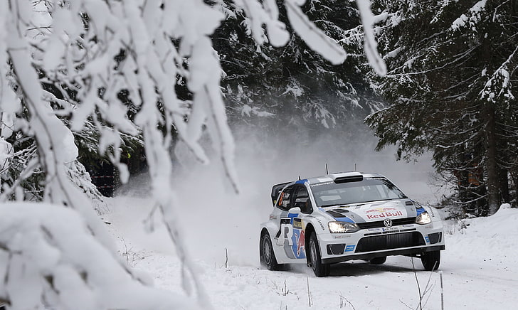 white and black coupe, Winter, Auto, Snow, Volkswagen, Race, WRC, Rally, Polo, S. Ogier, HD wallpaper