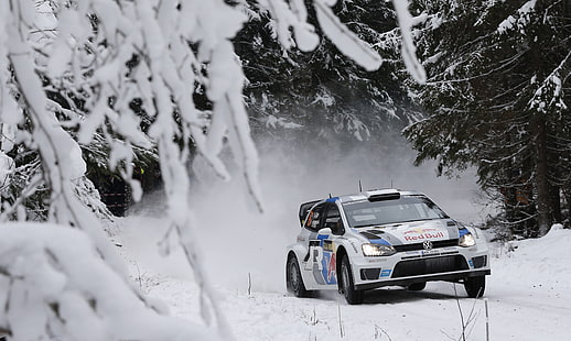 white and black coupe, Winter, Auto, Snow, Volkswagen, Race, WRC, Rally, Polo, S. Ogier, HD wallpaper HD wallpaper