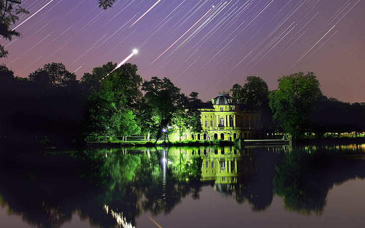 Palace in Stuttgart, rainshower, night stars, city, lake, venus, jupiter, aldebaran, the pleiades, HD wallpaper