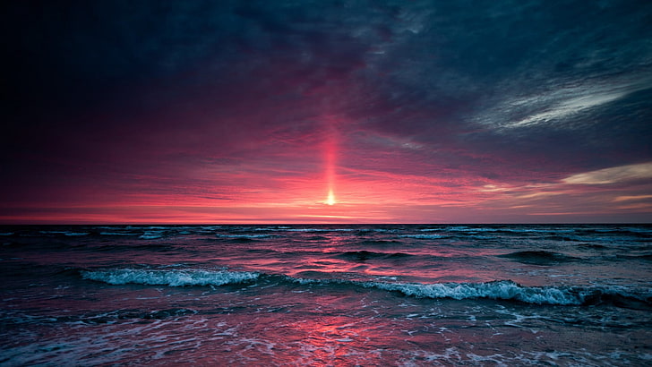 onde dell'oceano, spo d'acqua durante l'alba, onde, acqua, mare, tramonto, natura, paesaggio, spiaggia, orizzonte, luce solare, arte digitale, cielo, Sfondo HD