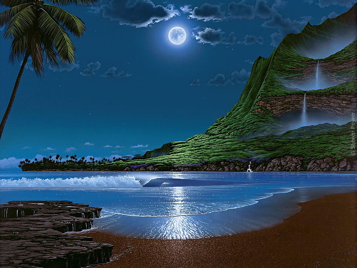 vattenmassa illustration, hav, himlen, pastoral, månbelyst natt, Steven Power, HD tapet