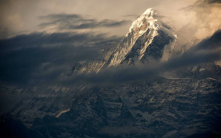 Mt. Everest, nature, landscape, Himalayas, mountains, snowy peak, sunset, mist, Nepal, clouds, HD wallpaper