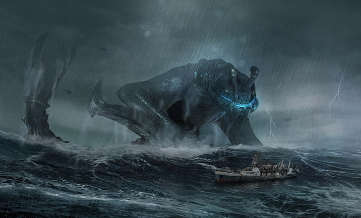 fondo de pantalla de monstruo gris, arte de fantasía, Pacific Rim, kaiju, velero, lluvia, tormenta, Fondo de pantalla HD