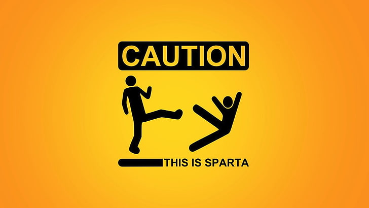 sinalização de precaução, Sparta, paródia, fundo simples, humor, minimalismo, arte digital, HD papel de parede