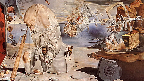 mężczyzna w białym garniturze malarstwo, Salvador Dalí, malarstwo, sztuka fantasy, sztuka symboliczna, klasyczna, Tapety HD HD wallpaper