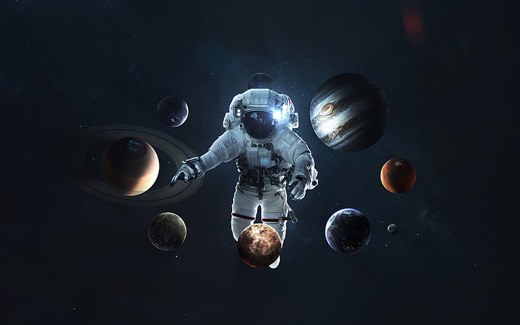 белый костюм космонавта, 500px, космос, космическое искусство, солнечная система, космонавт, цифровое искусство, HD обои