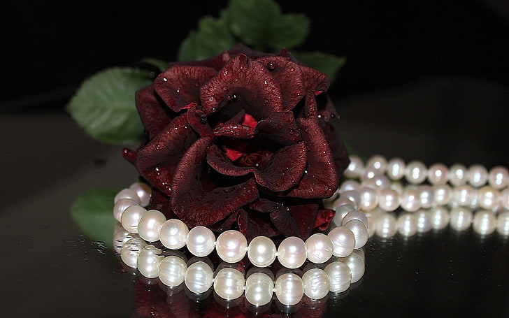 white pearl necklace, flower, flowers, widescreen, Wallpaper, rose, necklace, pearl, beads, decoration, red rose, different, background, full screen, HD wallpapers, fullscreen, HD wallpaper