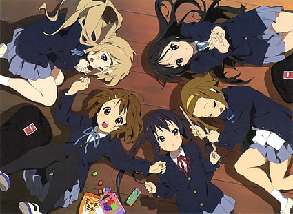 Akiyama Mio, K-ON !, Hirasawa Yui, Nakano Azusa, Kotobuki Tsumugi, Tainaka Ritsu, sul pavimento, Sfondo HD HD wallpaper