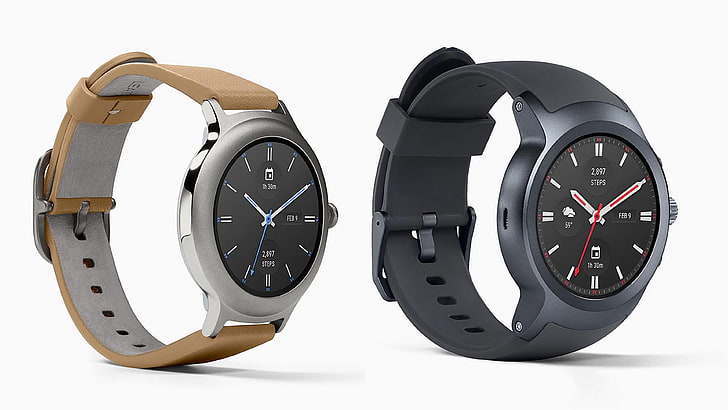 白い表面に置かれた丸い黒と銀色のベゼルアナログ時計、LG Watch Sport、LG Watch Style、MWC 2017、最高のスマートウォッチ、 HDデスクトップの壁紙
