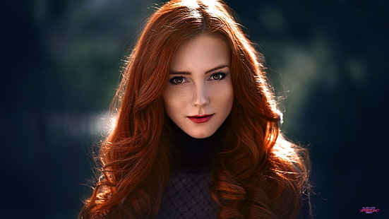 women's brown top, redhead, model, looking at viewer, sunlight, face, curly hair, HD wallpaper HD wallpaper