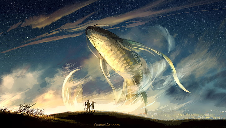 peixe, arte da fantasia, céu, Yuumei, HD papel de parede