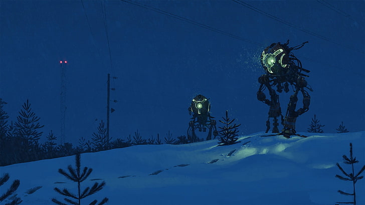 due illustrazioni di robot, fantasy art, neve, Simon Stålenhag, Sfondo HD