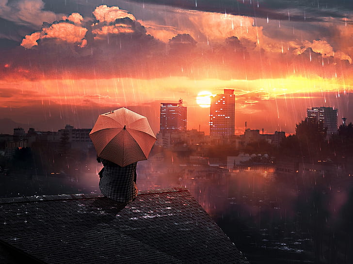 ilustraciones, mujeres, paraguas, ciudad, tejados, lluvia, Fondo de pantalla HD