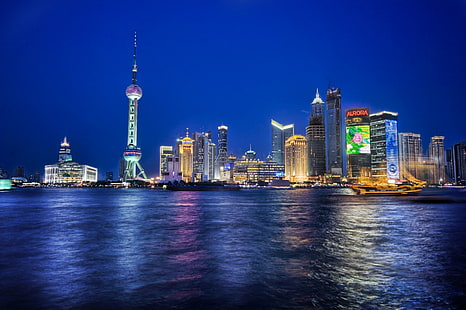 high rise buildings near body of water, shanghai, shanghai, Shanghai, high rise buildings, body of water, sky, china, night, reflection, HDR, Photographer, Pro, Nikon, Photography, Panorama, details, Perspective, Shot, Shoot, Capture, Images, Photos, Pictures, Edge, Angle, lines, work, Composition, Processing, Treatment, Framing, Unique, Background, best, lighting, Light, reflections, tones, Mood, texture, Perfect, exposure, painting, colors, atmosphere, masterpiece, blue, urban Skyline, cityscape, skyscraper, famous Place, architecture, asia, china - East Asia, urban Scene, downtown District, tower, city, pudong, modern, building Exterior, built Structure, office Building, business, travel, river, oriental Pearl Tower - Shanghai, huangpu River, dusk, HD wallpaper HD wallpaper