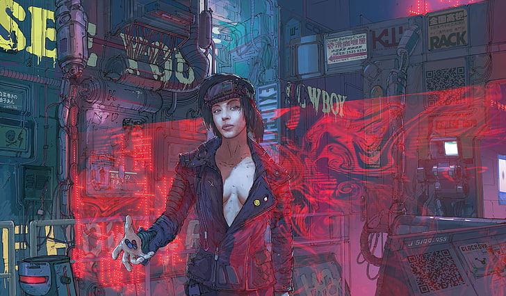 uomo che indossa giacca in piedi vicino a edifici illustrazione, cyberpunk, neon, pillole, Klaus Wittmann, opere d'arte, Sfondo HD