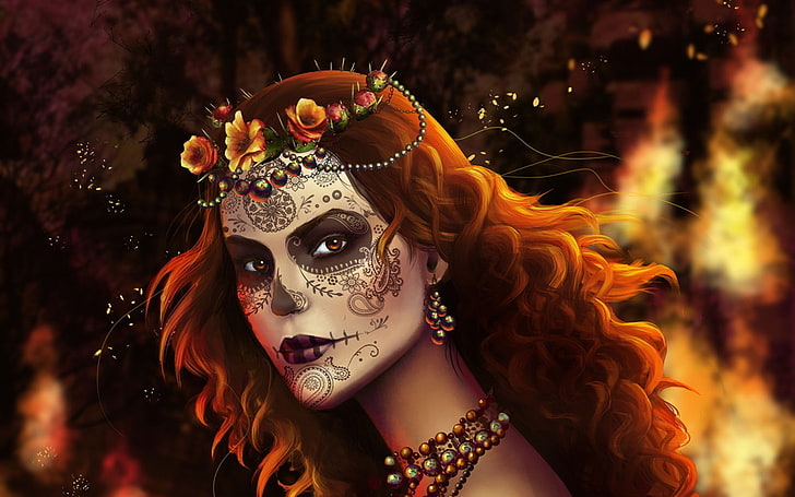 Artistic, Sugar Skull, Face, Girl, Lipstick, Redhead, Woman, Wreath, HD wallpaper