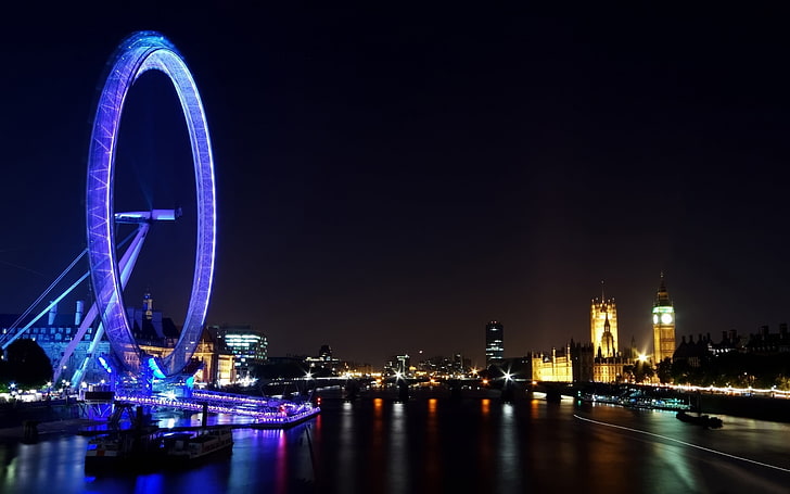 Лондон, Лондонско око, виенско колело, Биг Бен, светлини, нощ, река Темза, Уестминстър, градски пейзаж, HD тапет