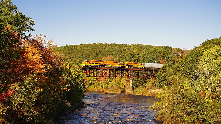 есен, мостове, Масачузетс, реки, влакове, САЩ, HD тапет