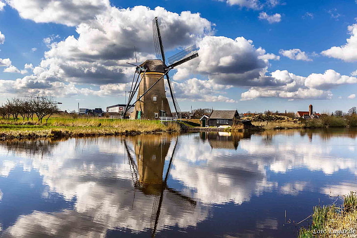 the sky, clouds, reflection, home, mirror, mill, Netherlands, Molenwaard, Lek River, Kinderdijk, Noord River, HD wallpaper