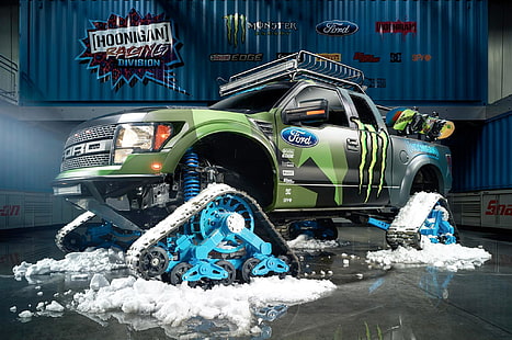 зеленая и черная иллюстрация автомобиля Ford Monster, Ford, Racing, Monster Energy, Ken Block, Division, F-150, 2014, Hoonigan, RaptorTRAX, HD обои HD wallpaper