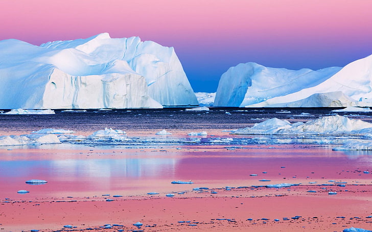 الجبل الجليدي ، السماء الأرجواني ، البحر ، الجليد ، الاحتباس الحراري، خلفية HD