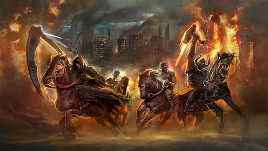 апокалипсис, конь, огонь, разрушение, Четыре всадника Апокалипсиса, коса, война, фэнтези-арт, HD обои HD wallpaper