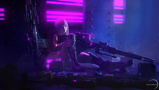 cyberpunk ، عمل فني ، بندقية قنص ، فتيات أنيمي، خلفية HD HD wallpaper