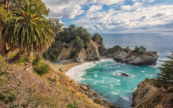 nature, landscape, Mc Way Falls, California, beach, sea, clouds, palm trees, rock, HD wallpaper