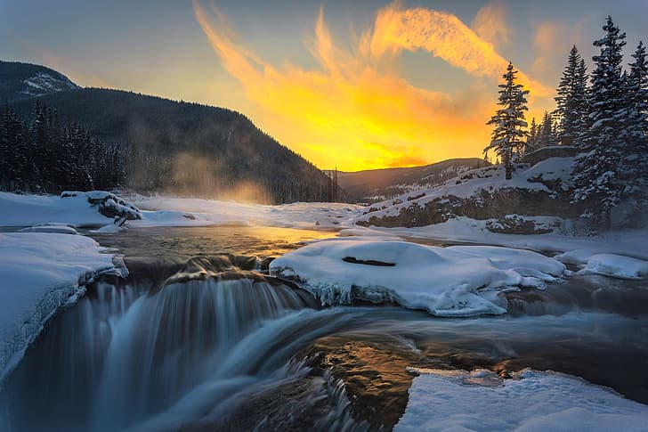 winter, snow, landscape, mountains, nature, river, waterfall, ice, morning, Canada, forest, Elbow Falls, HD wallpaper