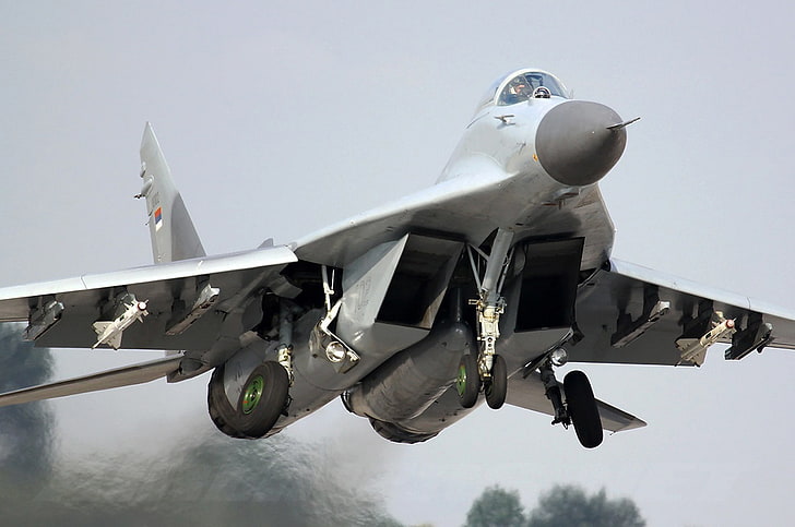 graues Düsenflugzeug, Start, Jagdflugzeug, Mig-29, Flugzeug, HD-Hintergrundbild
