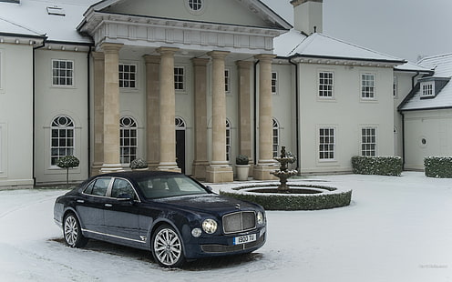 Bentley Mulsanne Snow Mansion Winter House HD, black bentley flying spur, bilar, snö, vinter, hus, bentley, herrgård, mulsanne, HD tapet HD wallpaper