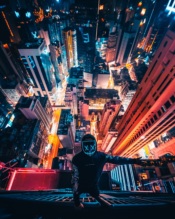 Simon Zhu, topeng, Hong Kong, malam, pemandangan kota, atap, neon, pencakar langit, urbex, arsitektur, Asia, Cina, Wallpaper HD, wallpaper seluler