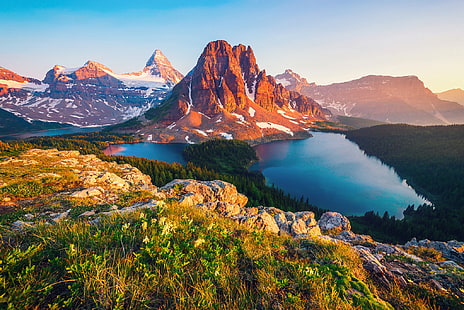 бурые горы, канада, британская колумбия, гора, озеро, HD обои HD wallpaper