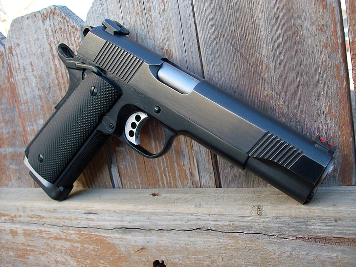 black semi-automatic pistol, gun, tree, Board, the fence, custom, 1911, Colt, caspian arms ltd, m1911, blackened, HD wallpaper