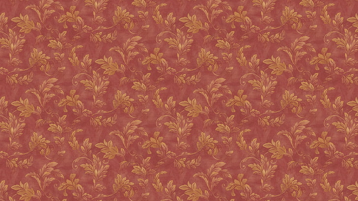 pink and yellow floral pattern, leaves, branches, red, background, Wallpaper, texture, ornament, vintage, floral patterns, HD wallpaper