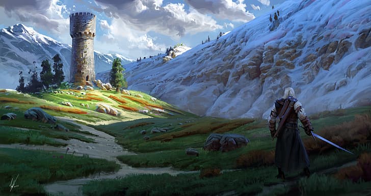 Michal Kus, วิดีโอเกม, หิมะปกคลุม, ทิวทัศน์, ภาพวาดดิจิทัล, ศิลปะดิจิทัล, ศิลปะวิดีโอเกม, ผมขาว, Geralt of Rivia, ภูเขา, งานศิลปะ, White Mountains, ภาพวาด, ดาบ, The Witcher 3: Wild Hunt, หอคอย, เมฆ, ท้องฟ้า, แฟนอาร์ต, ArtStation, วอลล์เปเปอร์ HD
