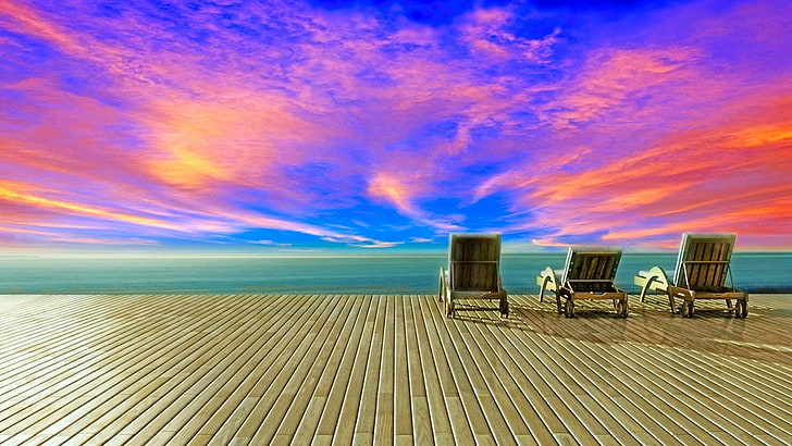 sunbed, sky, horizon, sea, cloud, calm, ocean, water, sunlight, sunset, evening, relaxing, vacation, relax, HD wallpaper
