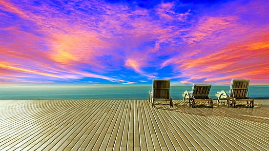 sunbed, sky, horizon, sea, cloud, calm, ocean, water, sunlight, sunset, evening, relaxing, vacation, relax, HD wallpaper HD wallpaper