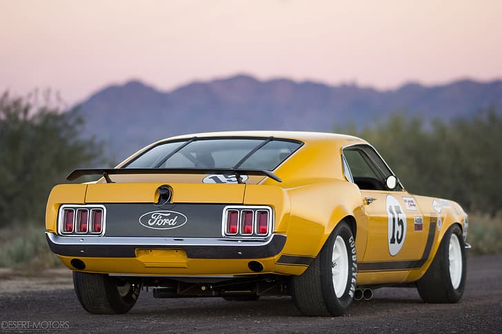 Ford Mustang, żółte samochody, samochody wyścigowe, samochody mięśniowe, malowanie, pustynia, droga, amerykańskie samochody, kucyki, Tapety HD