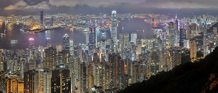 Edificio de hormigón gris, Hong Kong, paisaje urbano, noche, Fondo de pantalla HD