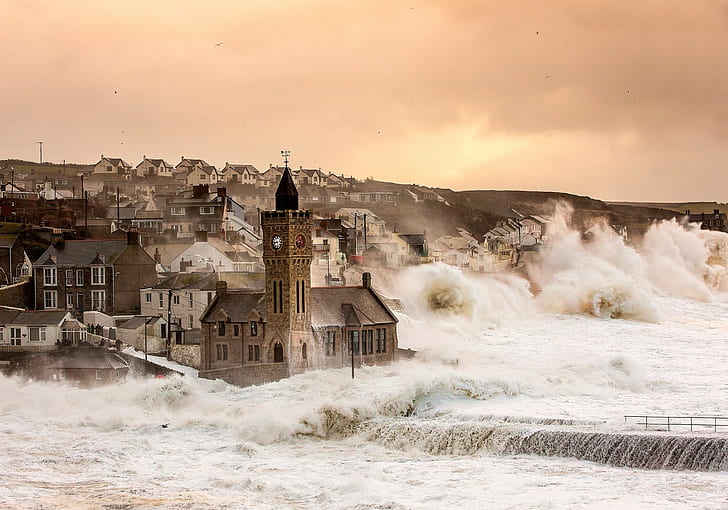 Reino Unido, Inglaterra, mar, iglesia, ciudad, tormenta, Fondo de pantalla HD